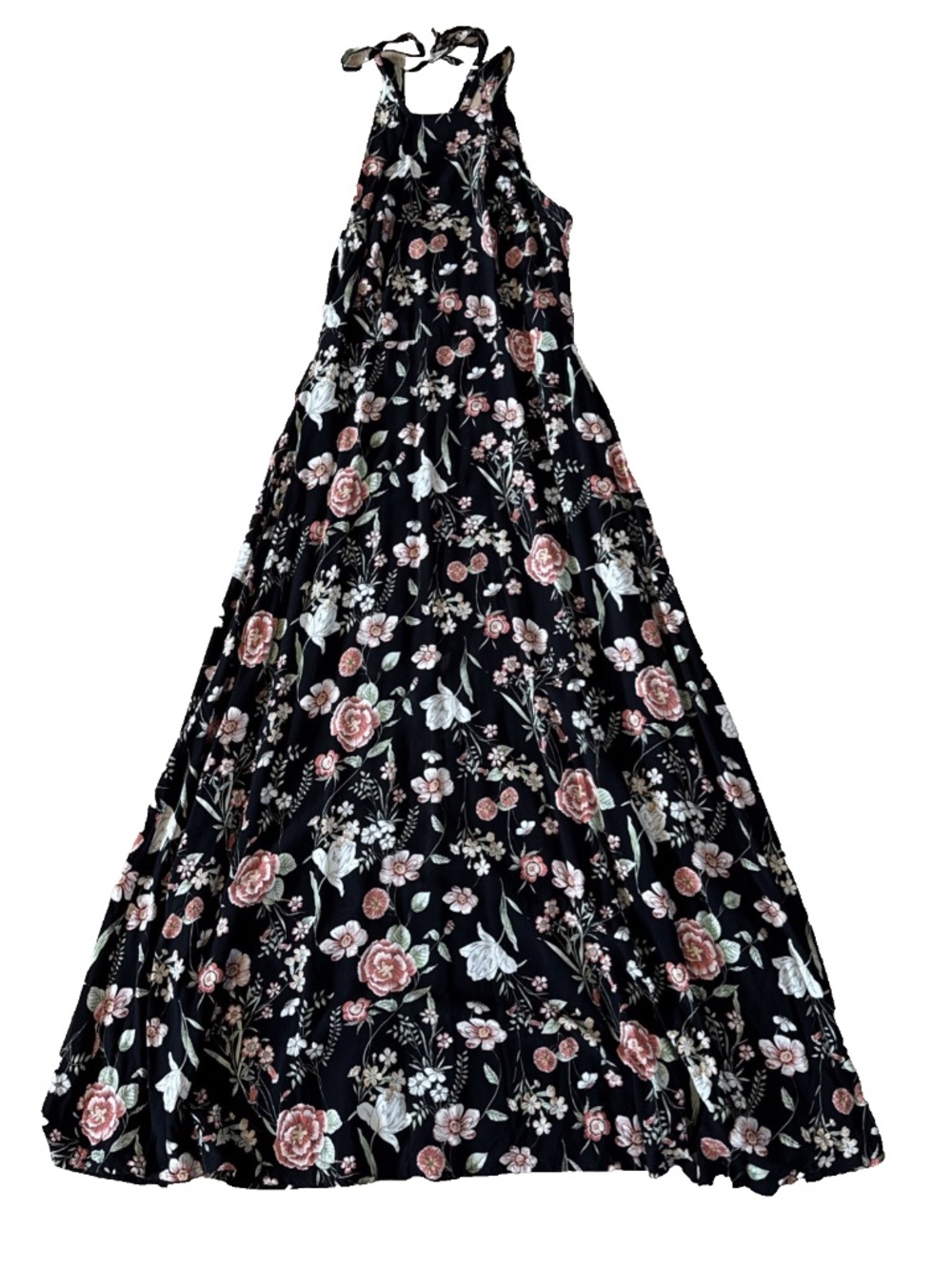 🌸 Lulus Black & Pink Floral Halter Maxi Dress | Women's Size XL | Fairycore Boh